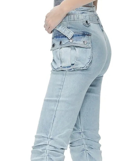kvkv Functional Pocket Knee Fold High Waist Denim Flare Pants