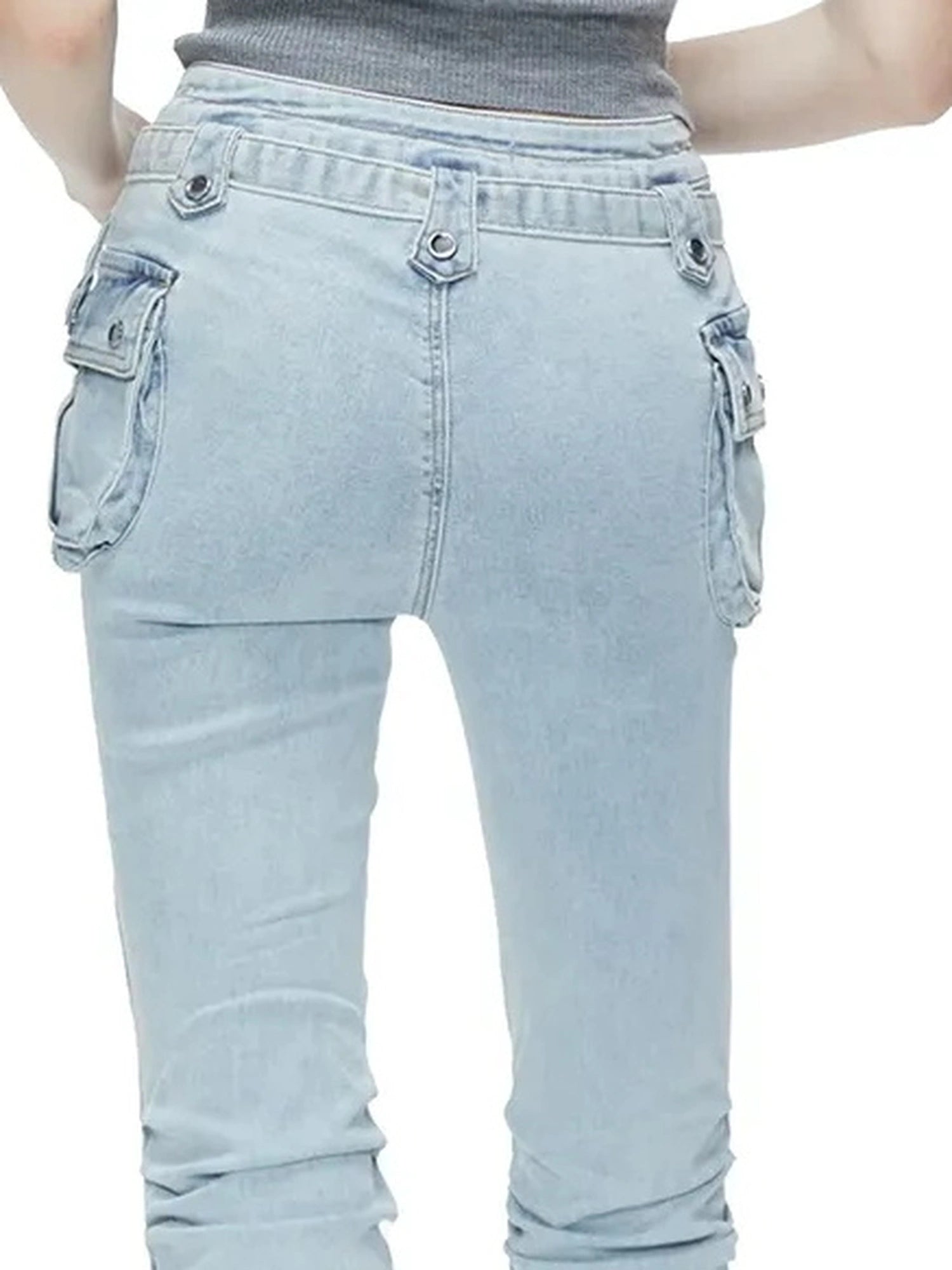kvkv Functional Pocket Knee Fold High Waist Denim Flare Pants