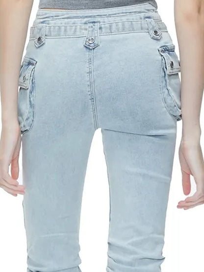 kvkv Functional Pocket Knee Fold High Waist Denim Flare Pants