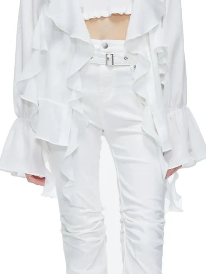 kvkv Functional Pocket Knee Fold High Waist Denim Flare Pants