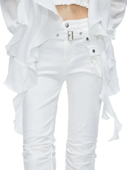kvkv Functional Pocket Knee Fold High Waist Denim Flare Pants