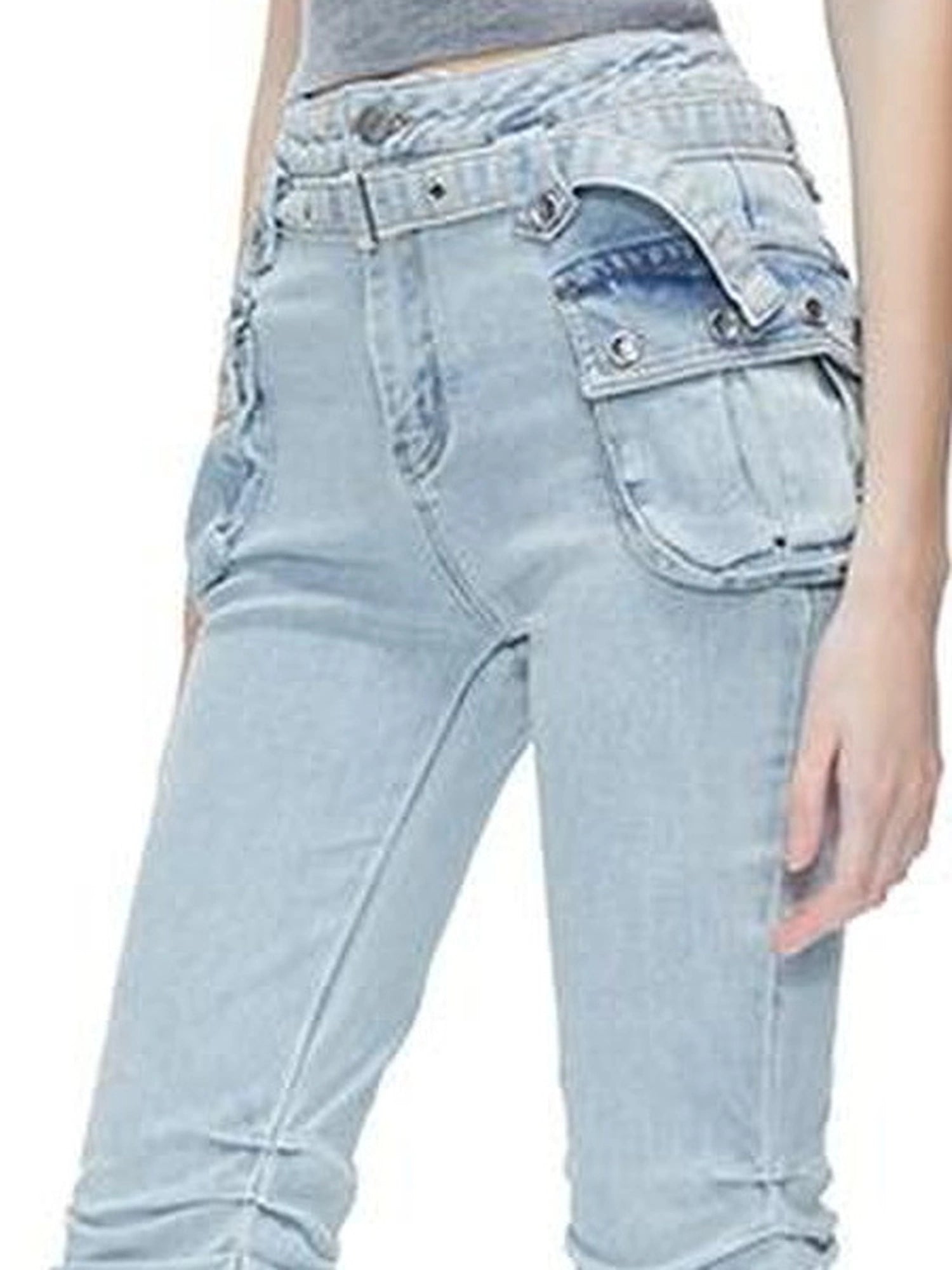 kvkv Functional Pocket Knee Fold High Waist Denim Flare Pants