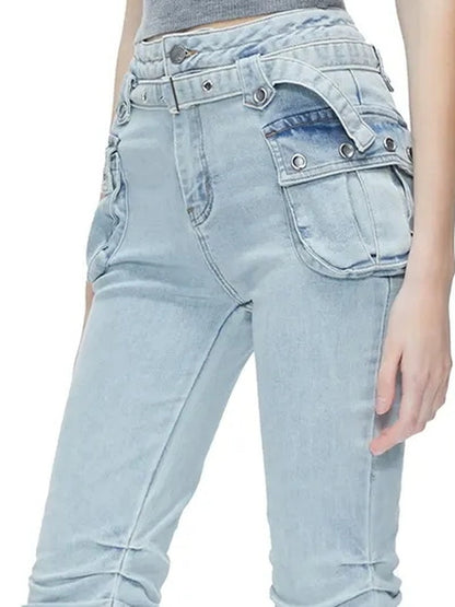 kvkv Functional Pocket Knee Fold High Waist Denim Flare Pants