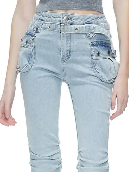 kvkv Functional Pocket Knee Fold High Waist Denim Flare Pants
