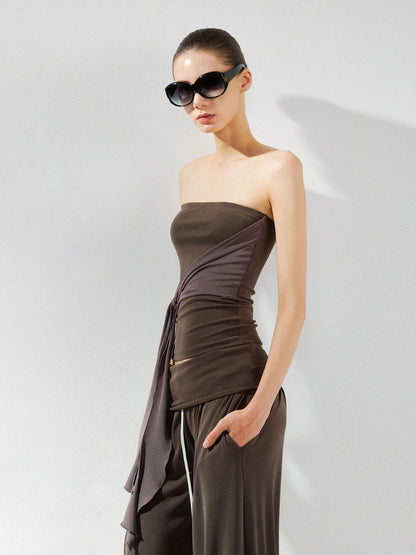 kvkv Gray Brown Ribbed Cut Out Fitted Yoga Top