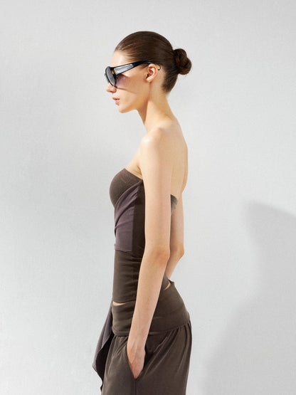 kvkv Gray Brown Ribbed Cut Out Fitted Yoga Top