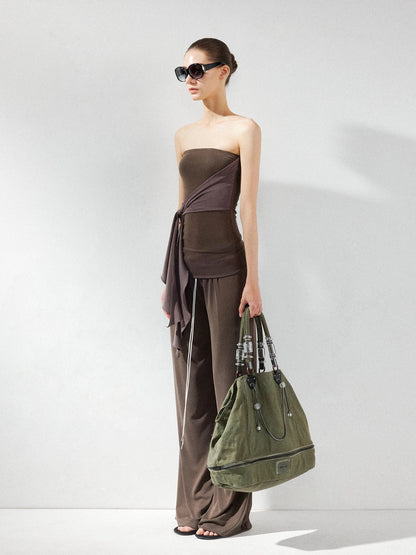 kvkv Gray Brown Ribbed Cut Out Fitted Yoga Top
