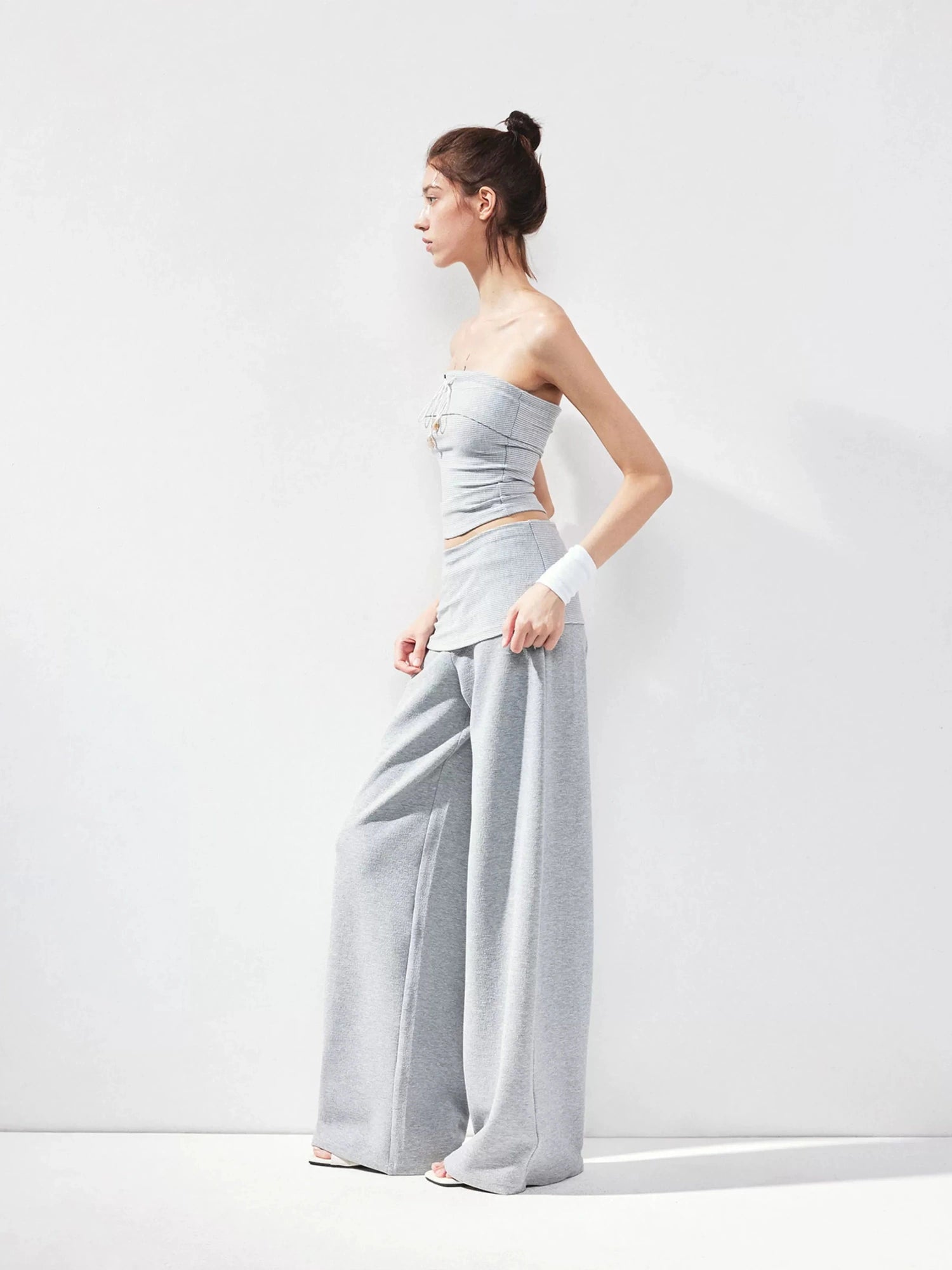 kvkv Gray Fold Waist Flared Yoga Pants
