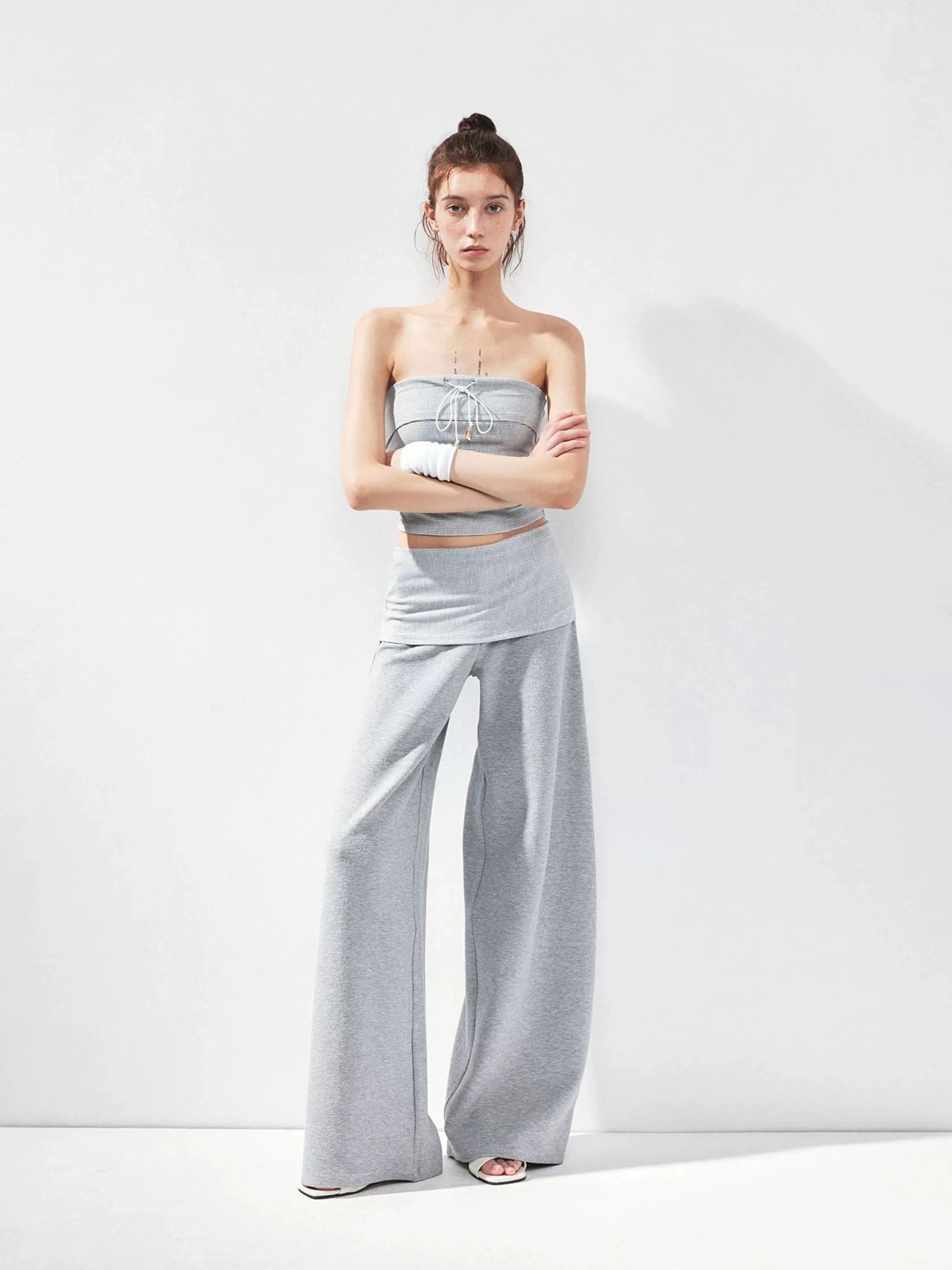 kvkv Gray Fold Waist Flared Yoga Pants