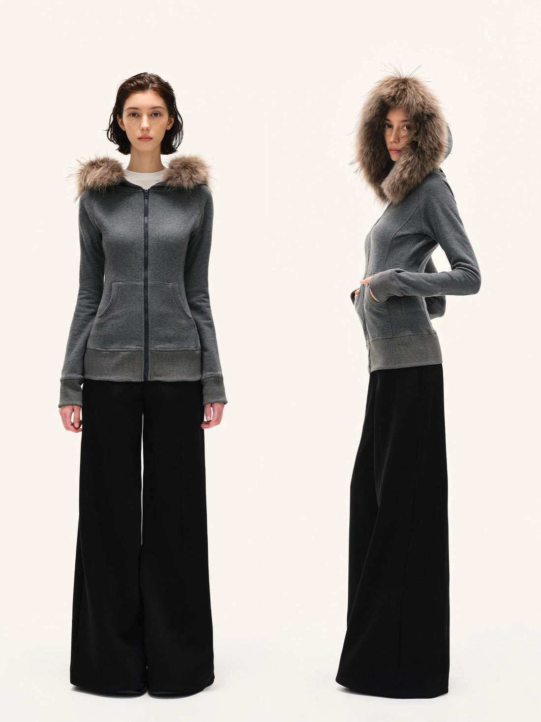 kvkv Gray Hooded Zip Up Sweatshirt With Fur Trim