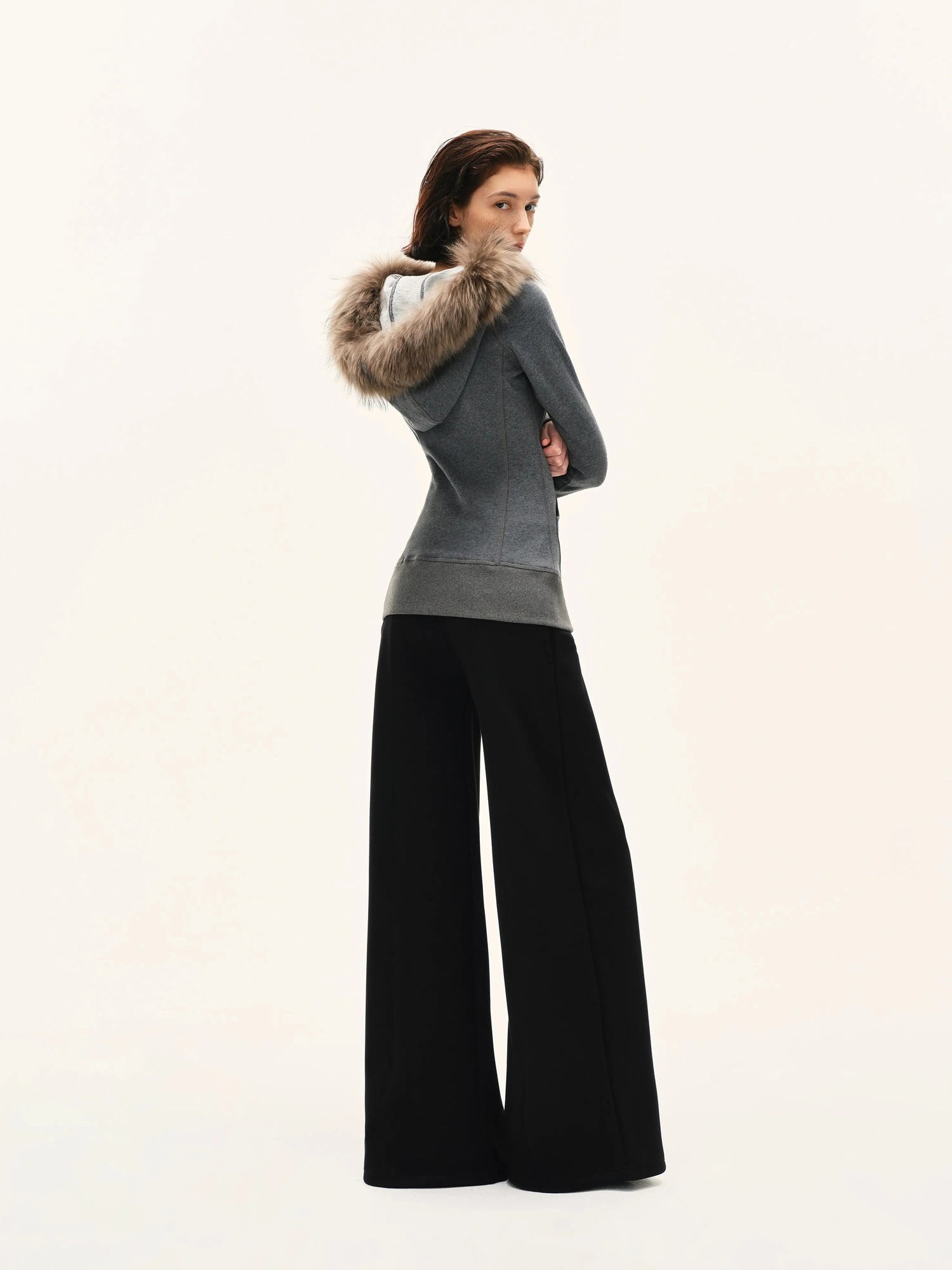 kvkv Gray Hooded Zip Up Sweatshirt With Fur Trim