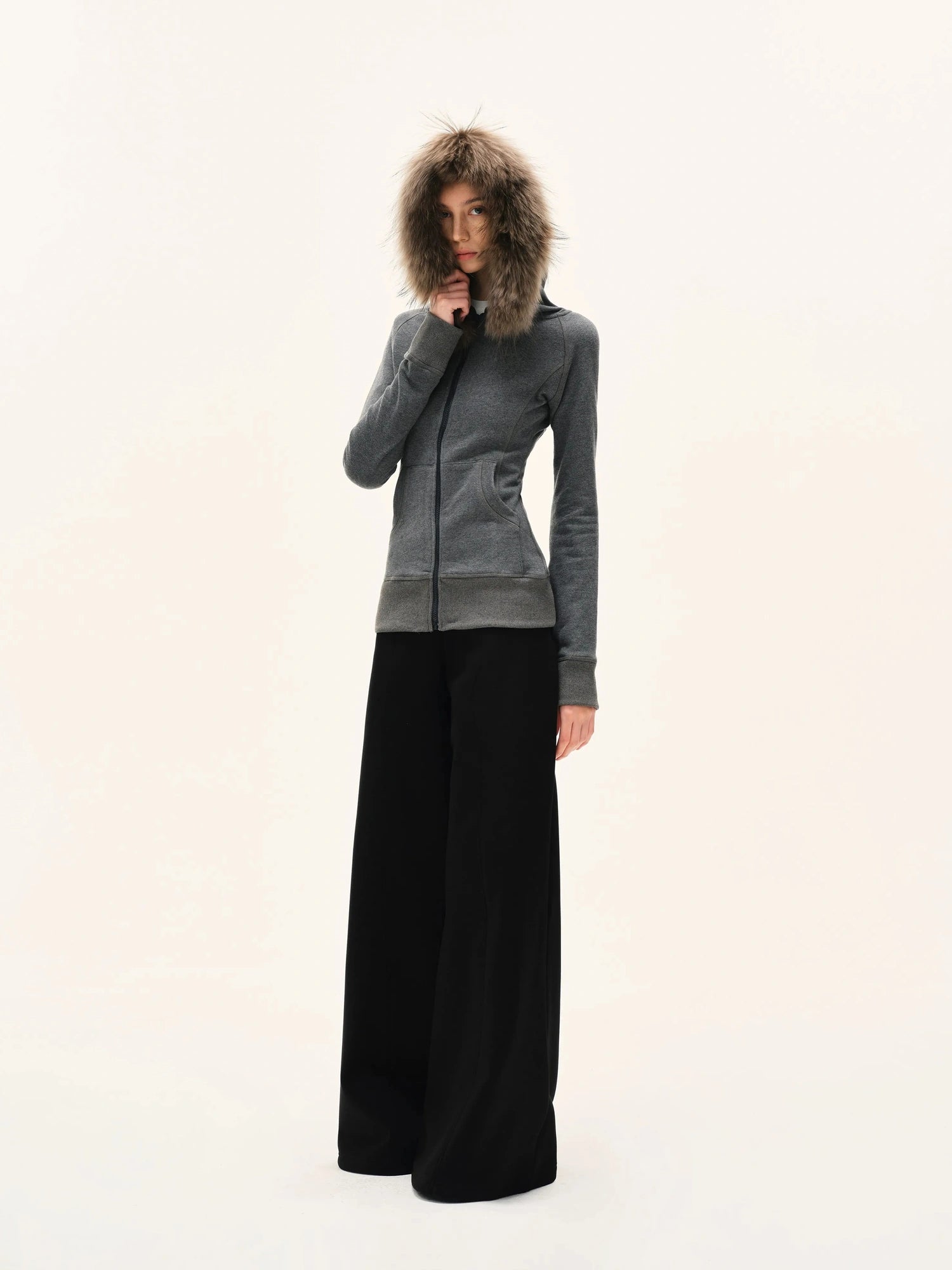 kvkv Gray Hooded Zip Up Sweatshirt With Fur Trim