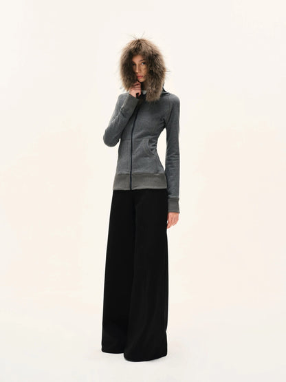 kvkv Gray Hooded Zip Up Sweatshirt With Fur Trim