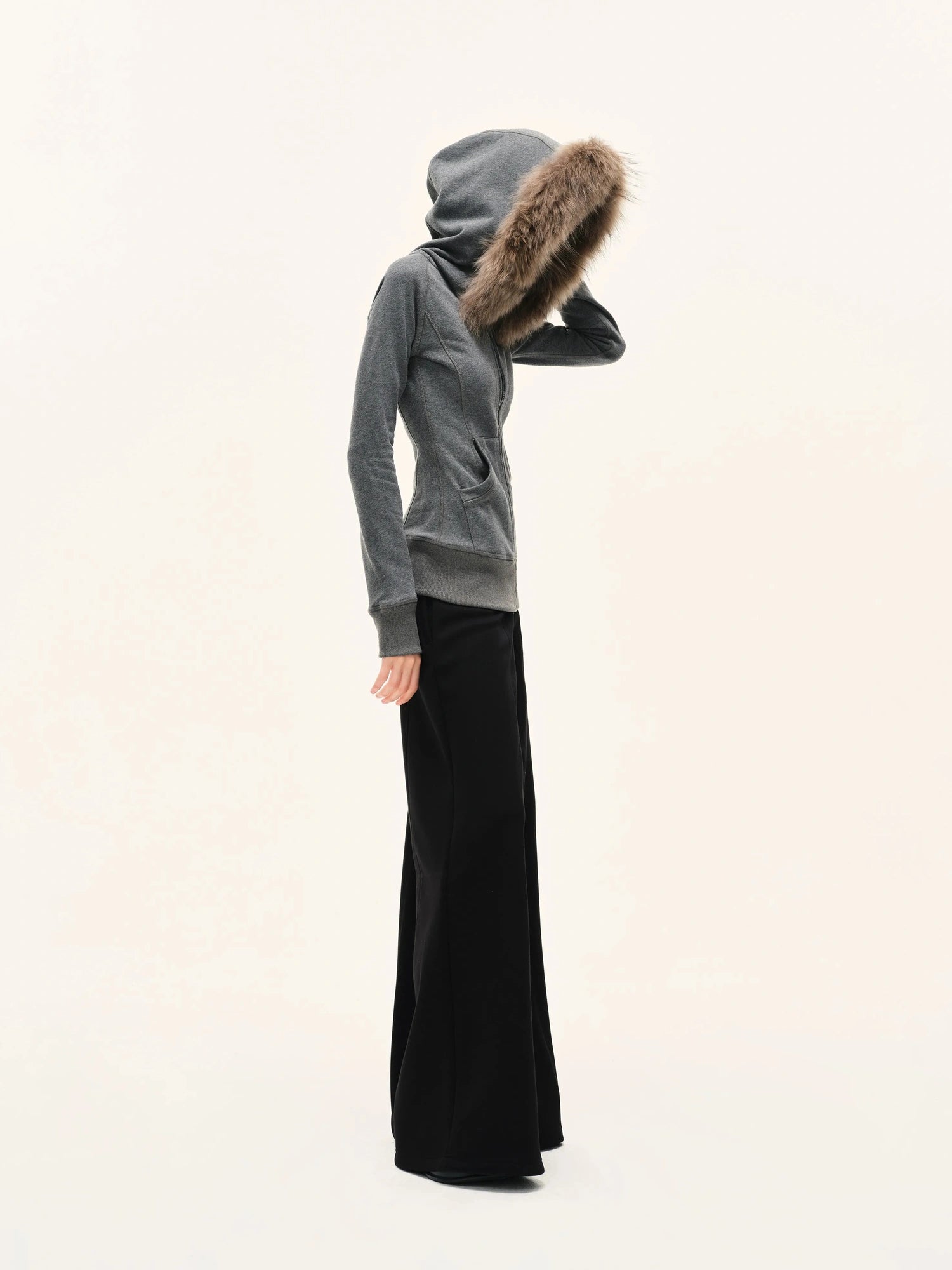 kvkv Gray Hooded Zip Up Sweatshirt With Fur Trim