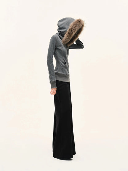kvkv Gray Hooded Zip Up Sweatshirt With Fur Trim