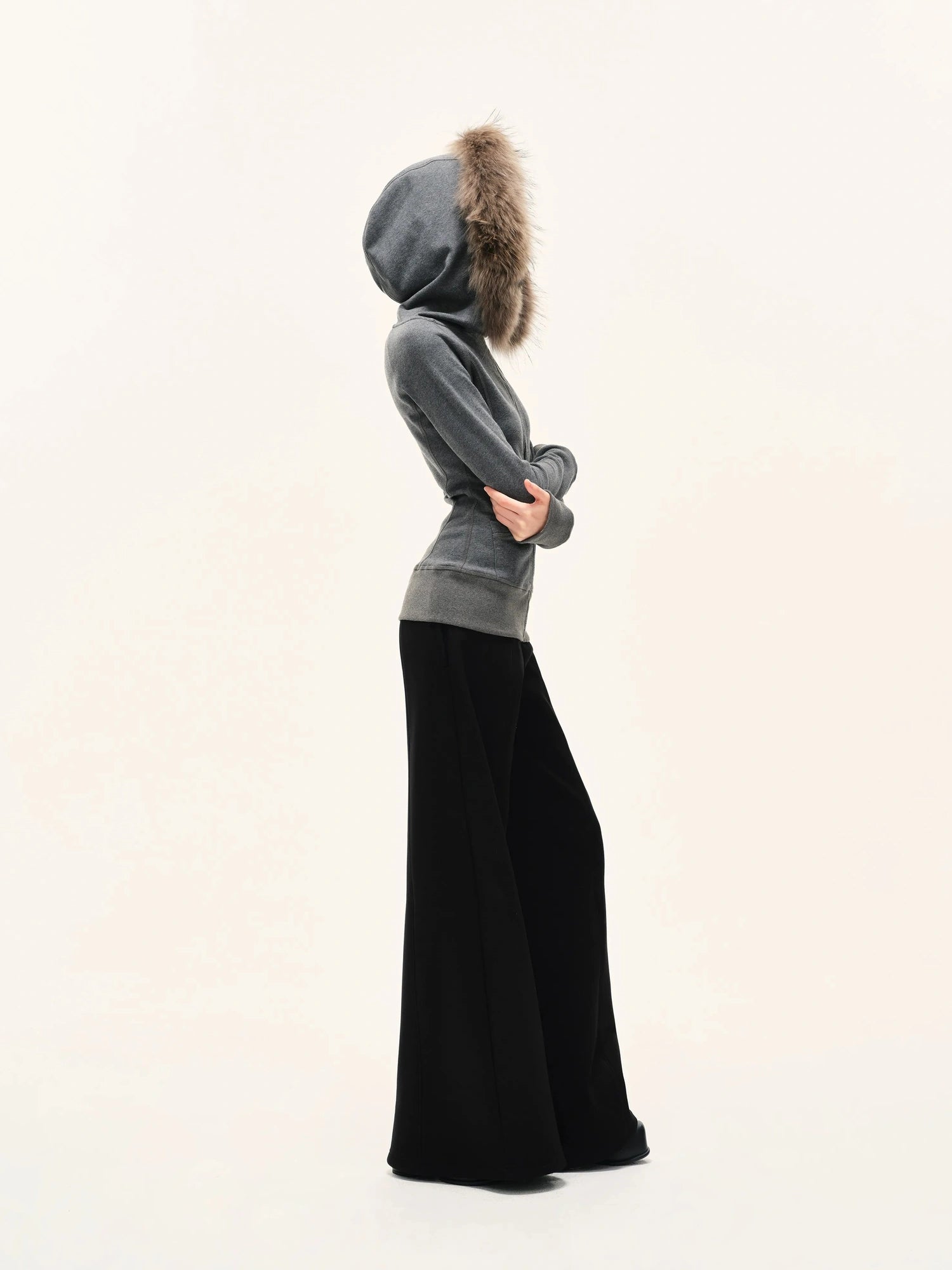 kvkv Gray Hooded Zip Up Sweatshirt With Fur Trim