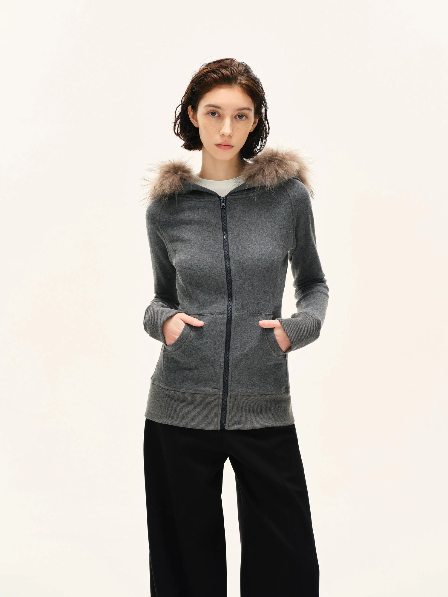 kvkv Gray Hooded Zip Up Sweatshirt With Fur Trim