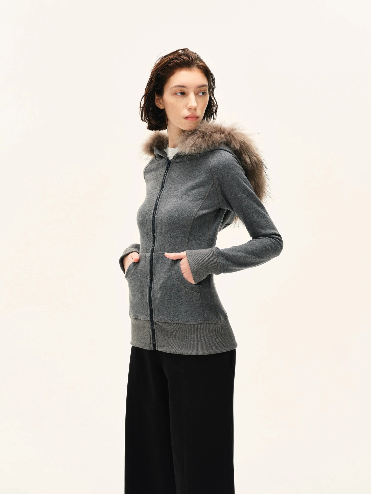kvkv Gray Hooded Zip Up Sweatshirt With Fur Trim
