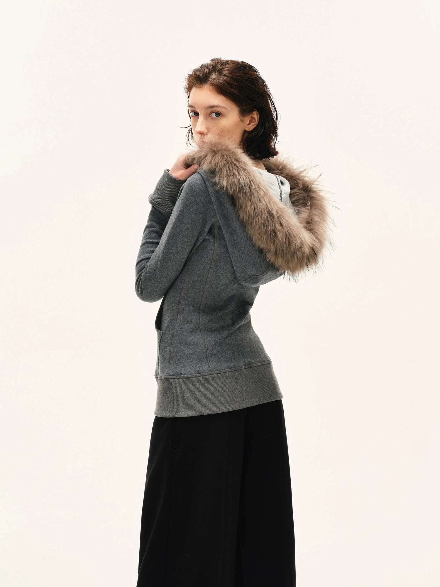 kvkv Gray Hooded Zip Up Sweatshirt With Fur Trim