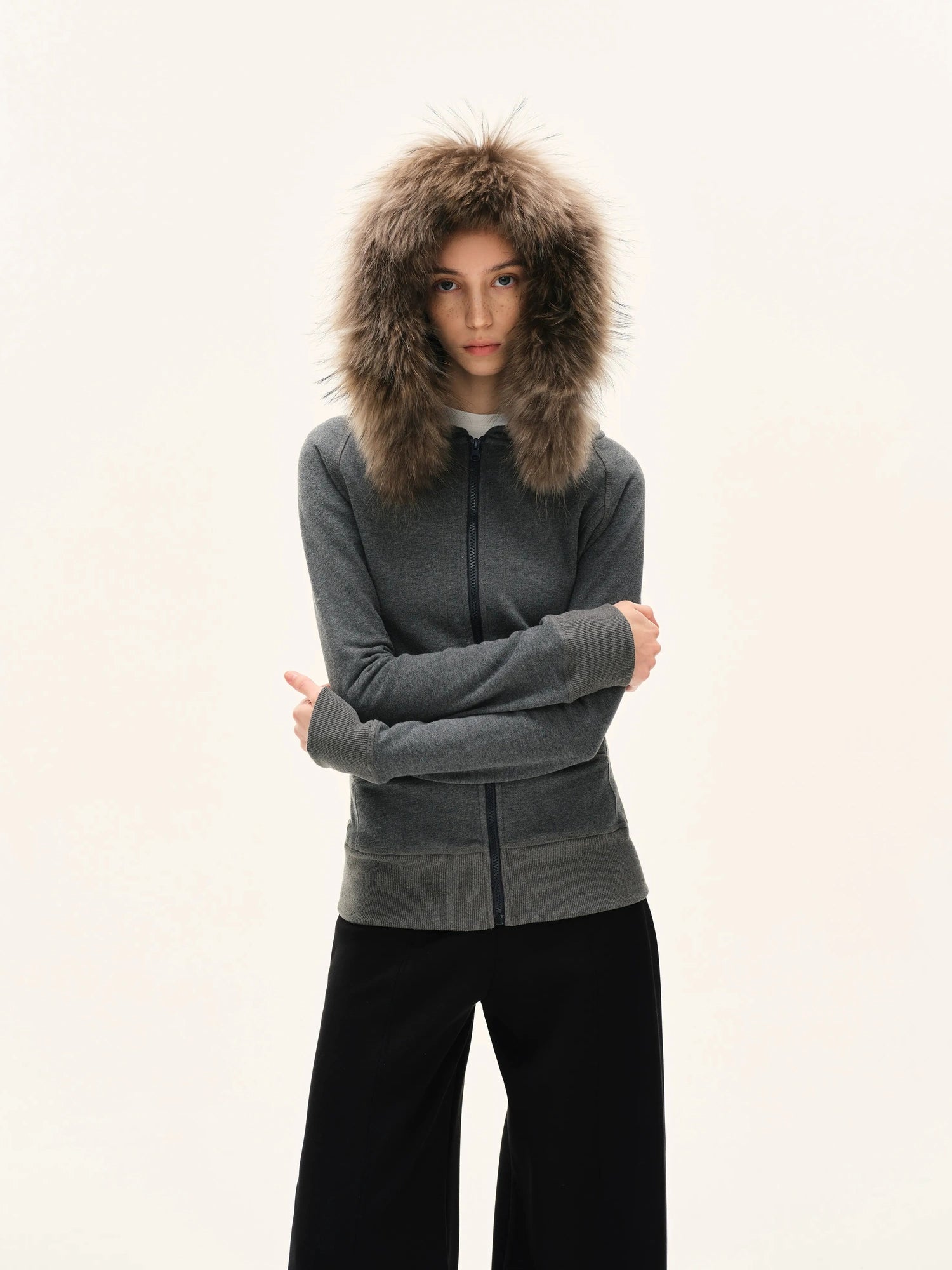 kvkv Gray Hooded Zip Up Sweatshirt With Fur Trim