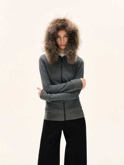 kvkv Gray Hooded Zip Up Sweatshirt With Fur Trim