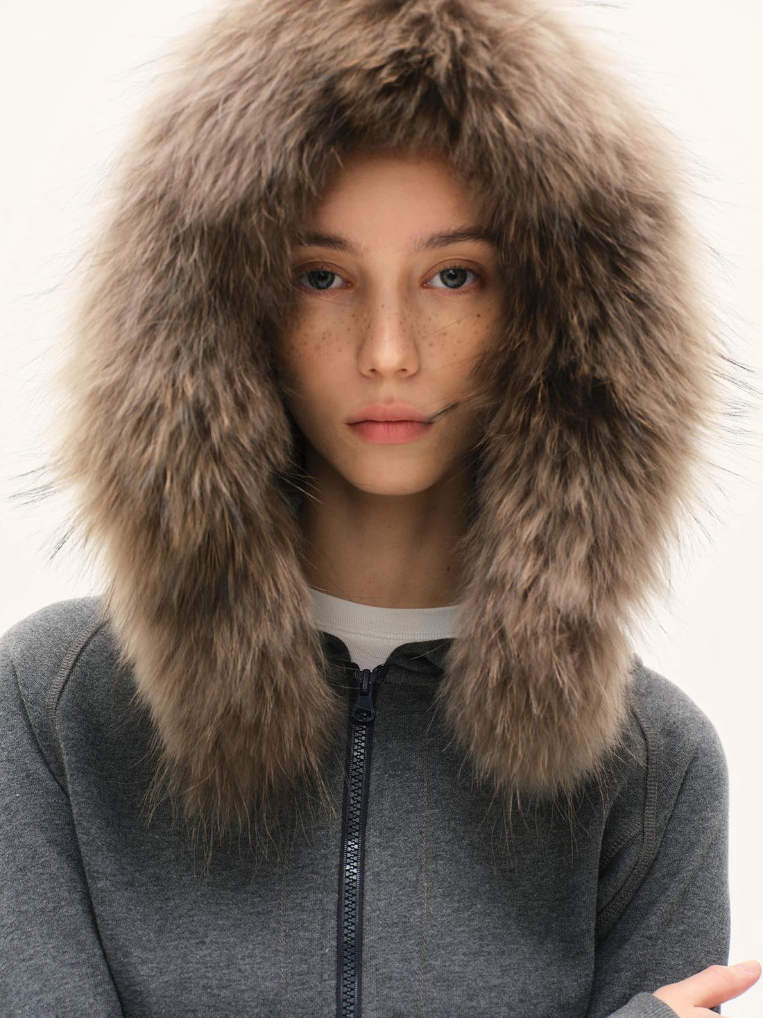 kvkv Gray Hooded Zip Up Sweatshirt With Fur Trim