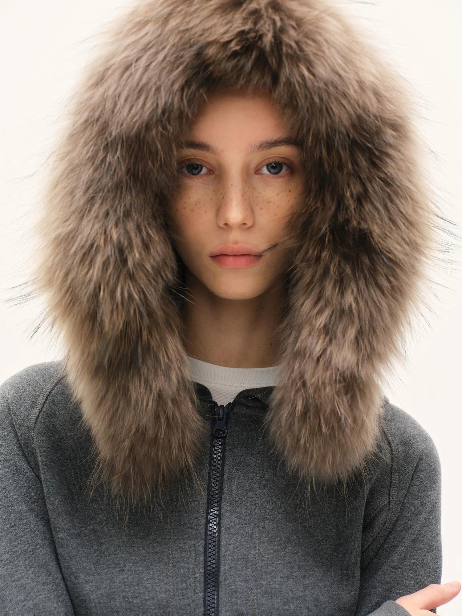 kvkv Gray Hooded Zip Up Sweatshirt With Fur Trim