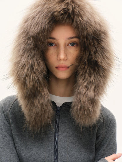 kvkv Gray Hooded Zip Up Sweatshirt With Fur Trim