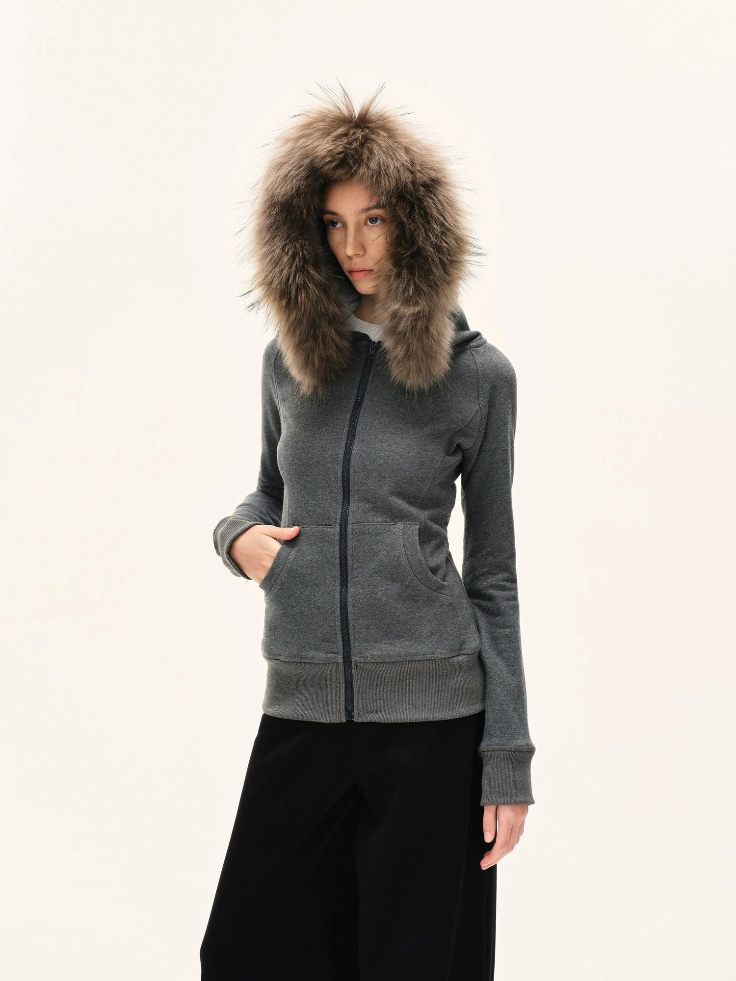 kvkv Gray Hooded Zip Up Sweatshirt With Fur Trim