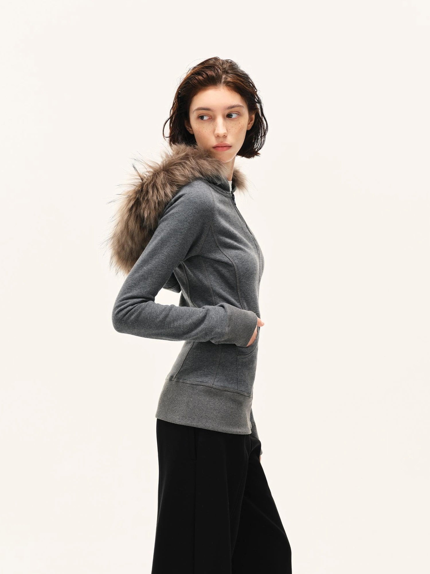 kvkv Gray Hooded Zip Up Sweatshirt With Fur Trim