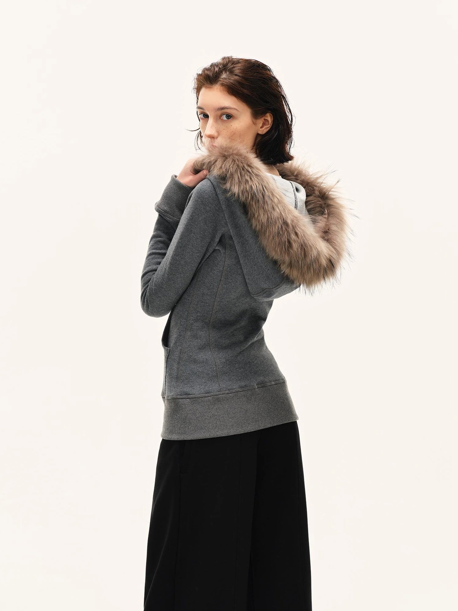 kvkv Gray Hooded Zip Up Sweatshirt With Fur Trim