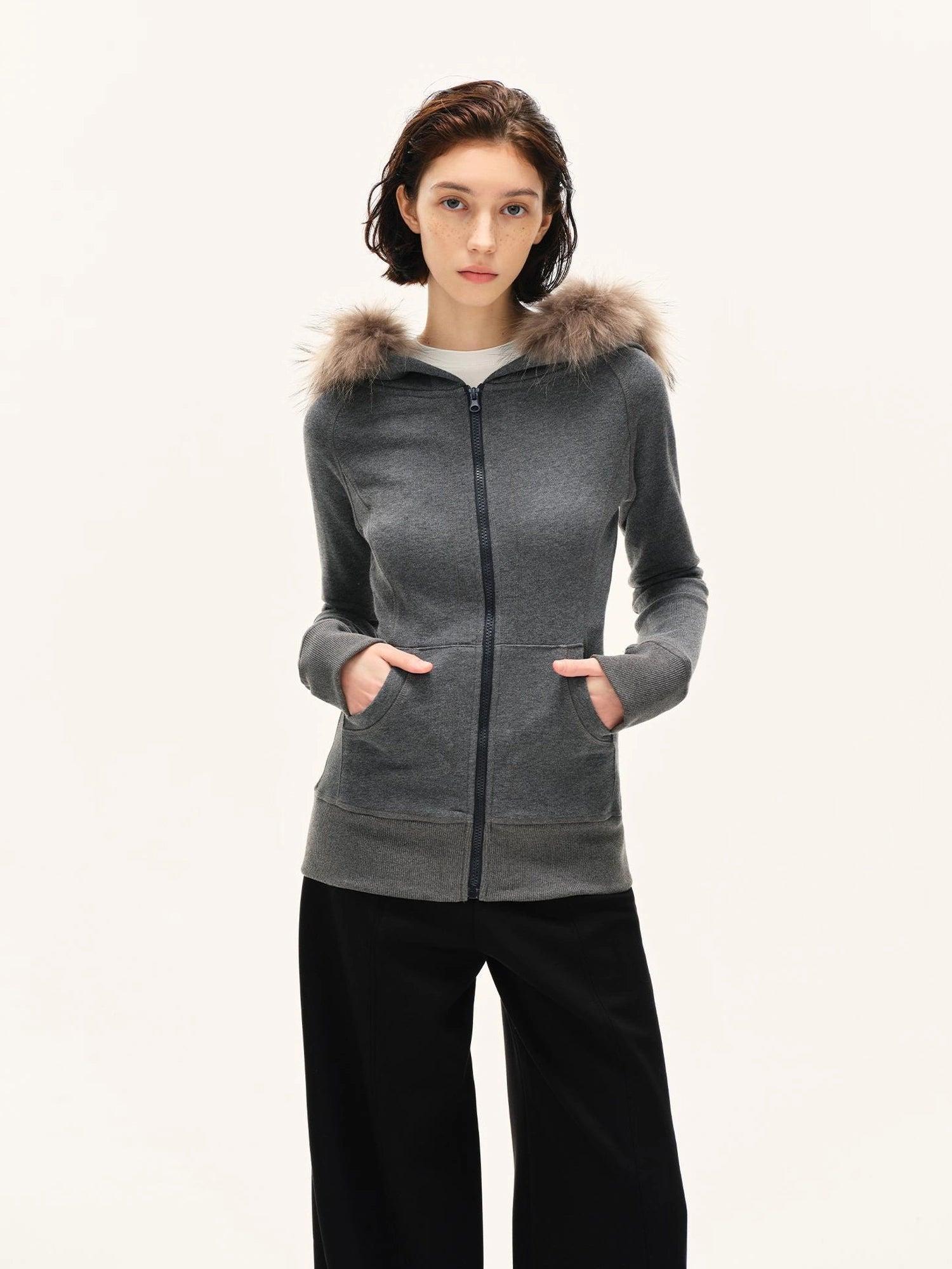 kvkv Gray Hooded Zip Up Sweatshirt With Fur Trim