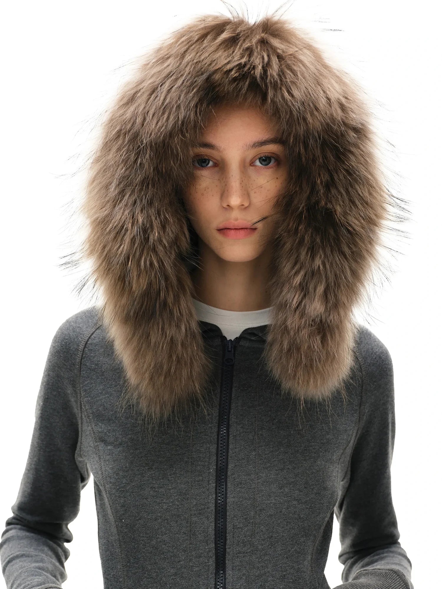 kvkv Gray Hooded Zip Up Sweatshirt With Fur Trim