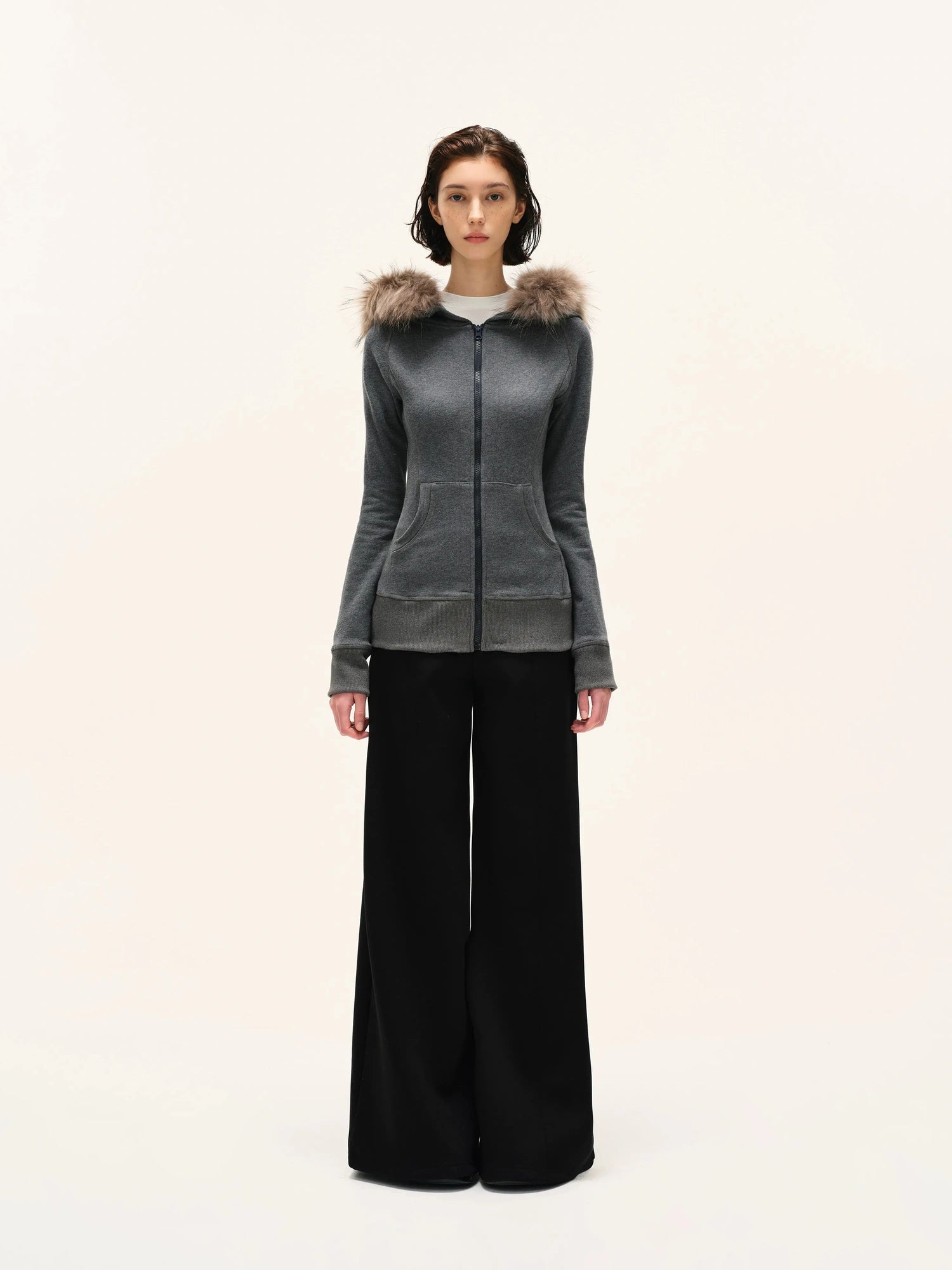 kvkv Gray Hooded Zip Up Sweatshirt With Fur Trim