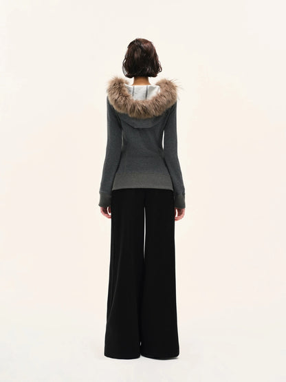 kvkv Gray Hooded Zip Up Sweatshirt With Fur Trim