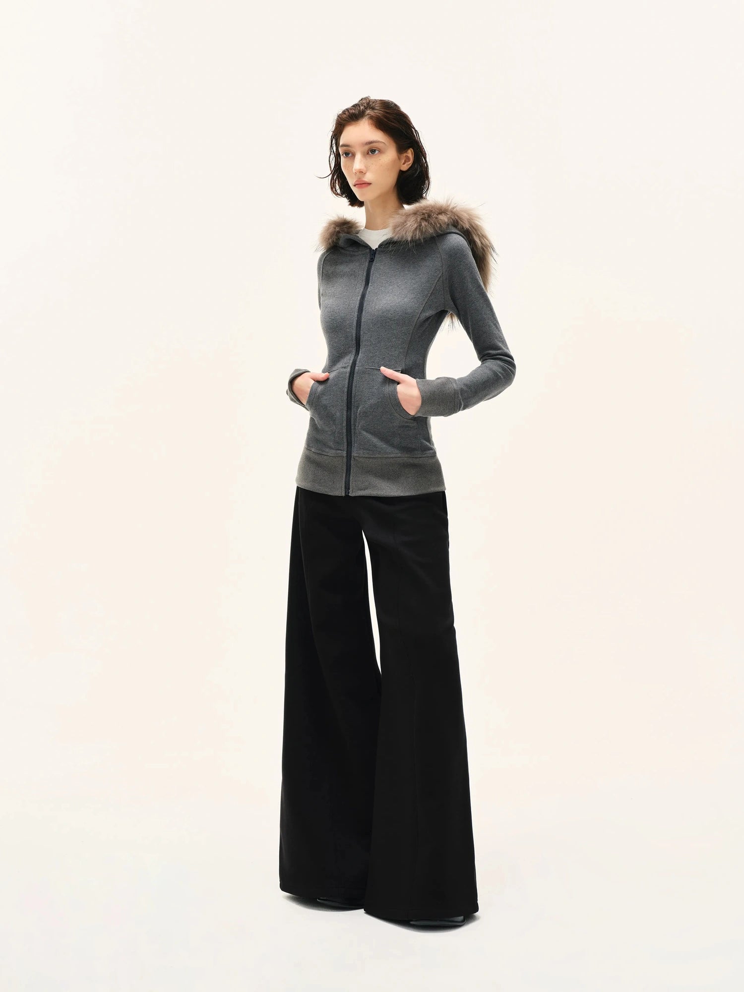 kvkv Gray Hooded Zip Up Sweatshirt With Fur Trim