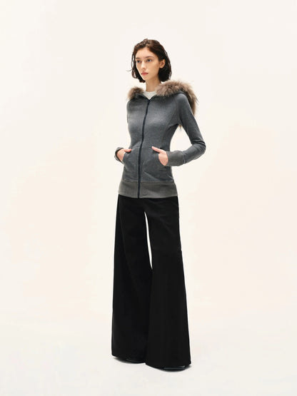 kvkv Gray Hooded Zip Up Sweatshirt With Fur Trim