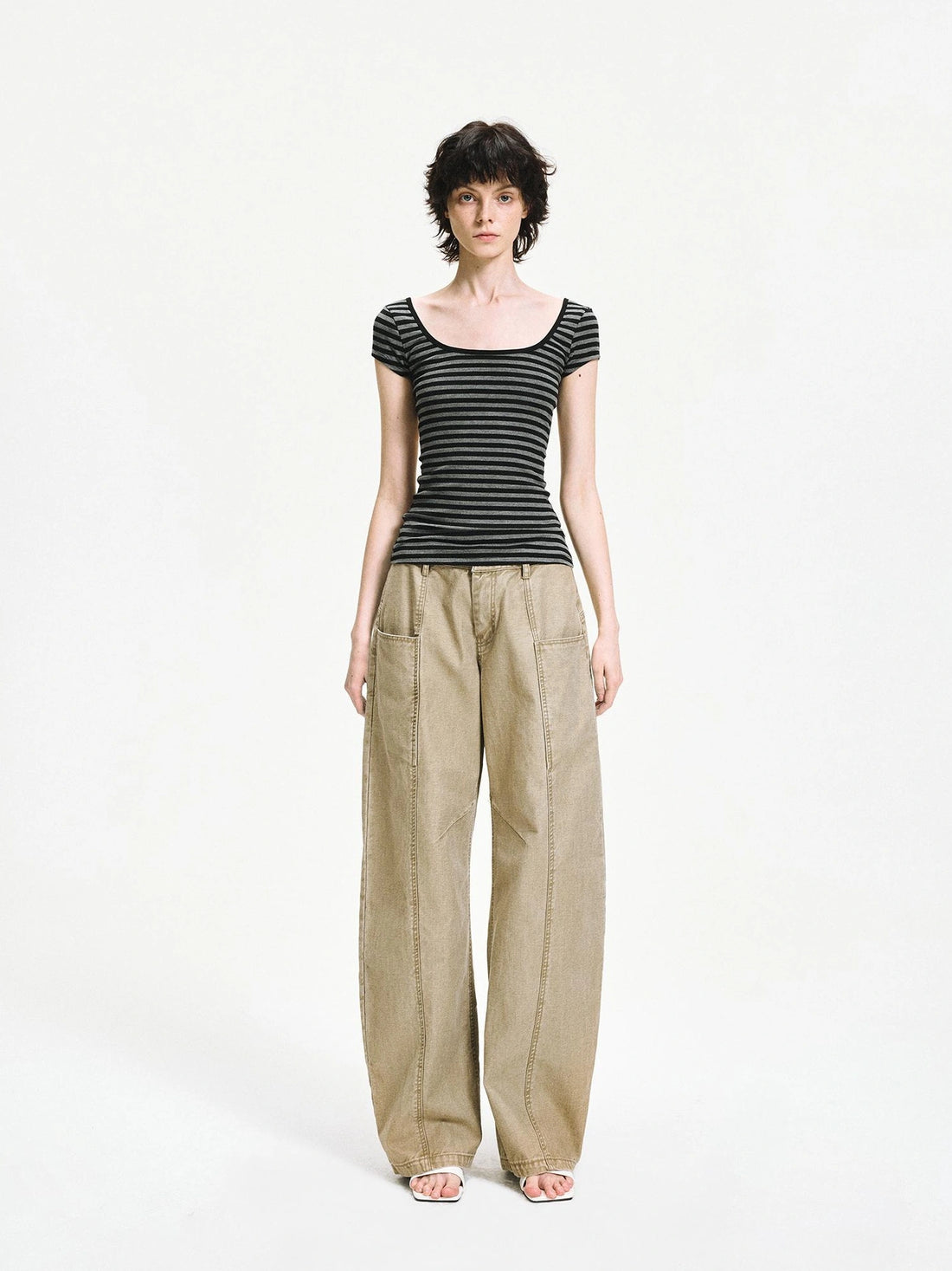 kvkv Gray Stripe Back Cut Fitted Tee