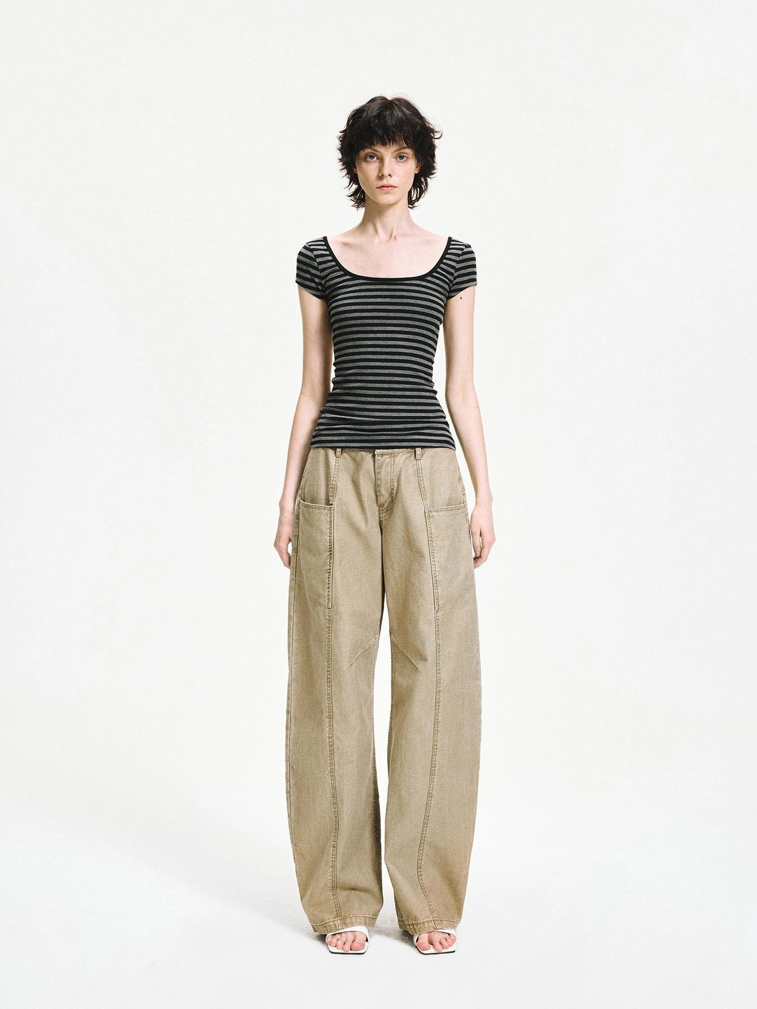 kvkv Gray Stripe Back Cut Fitted Tee