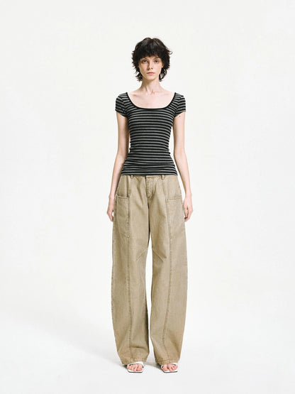 kvkv Gray Stripe Back Cut Fitted Tee