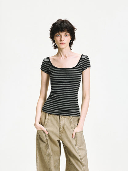 kvkv Gray Stripe Back Cut Fitted Tee