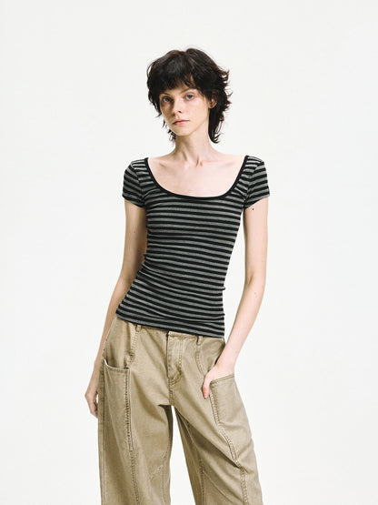 kvkv Gray Stripe Back Cut Fitted Tee