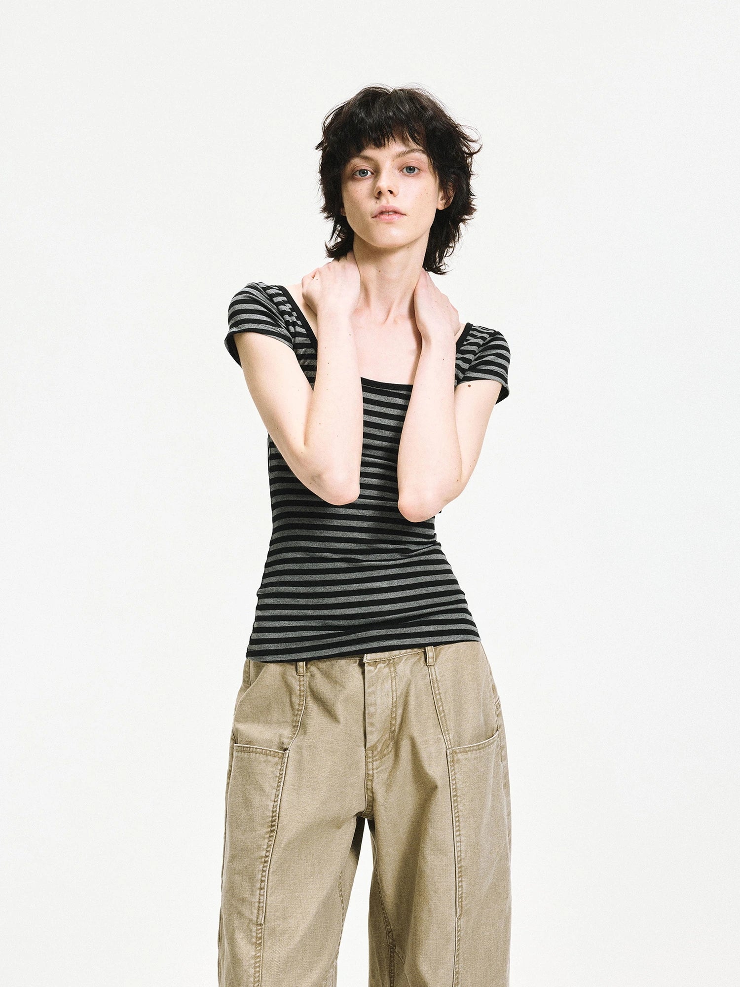 kvkv Gray Stripe Back Cut Fitted Tee
