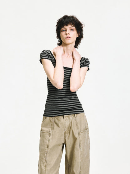kvkv Gray Stripe Back Cut Fitted Tee