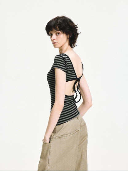 kvkv Gray Stripe Back Cut Fitted Tee