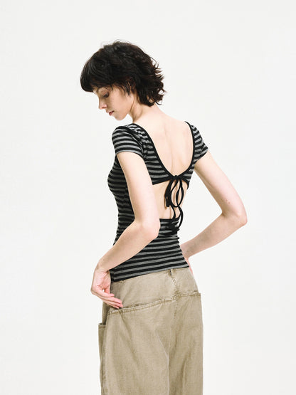 kvkv Gray Stripe Back Cut Fitted Tee