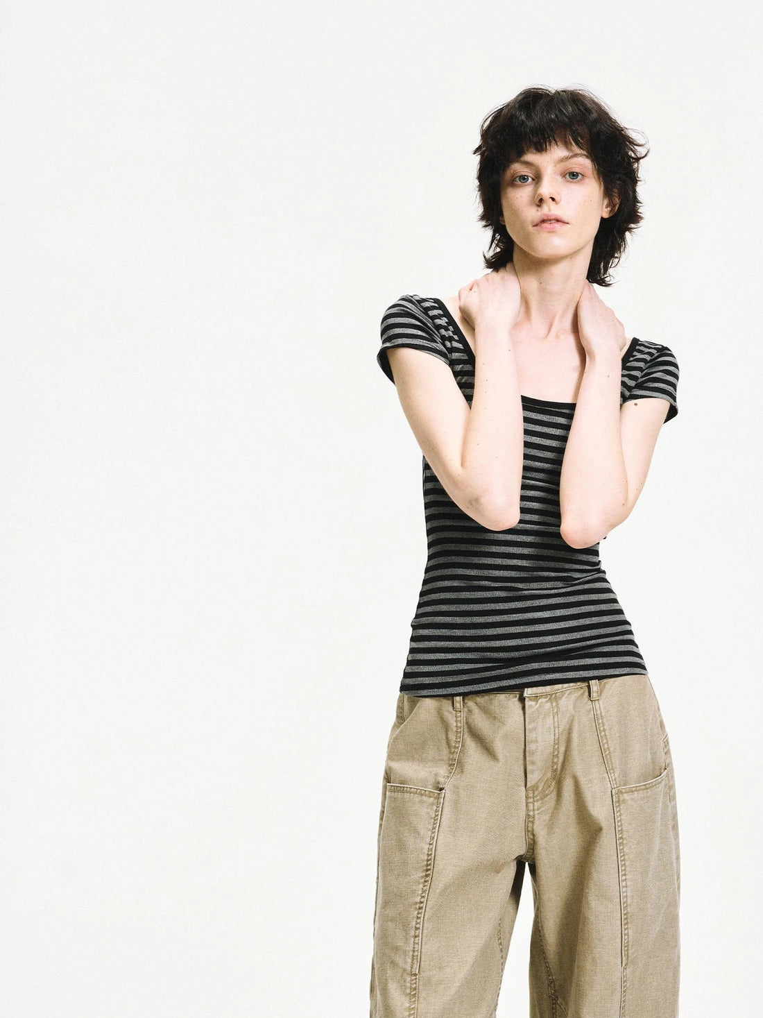 kvkv Gray Stripe Back Cut Fitted Tee