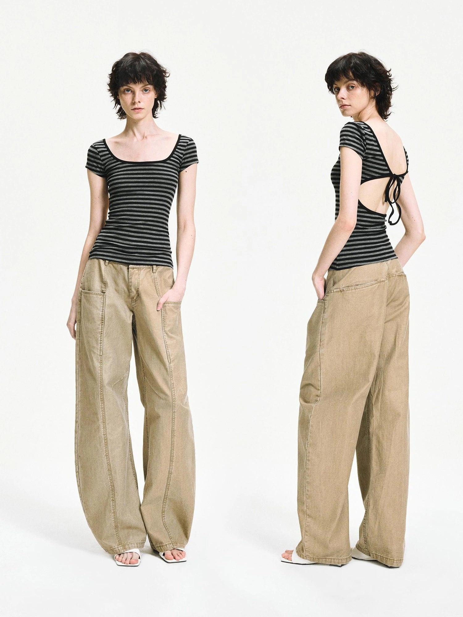 kvkv Gray Stripe Back Cut Fitted Tee
