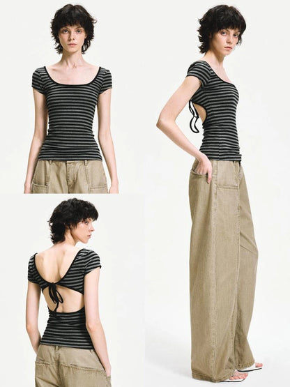 kvkv Gray Stripe Back Cut Fitted Tee
