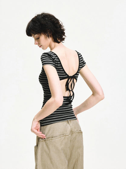 kvkv Gray Stripe Back Cut Fitted Tee